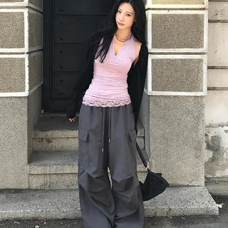 Screw Nylon Pintuck Elastic Waist Wide Long Pants