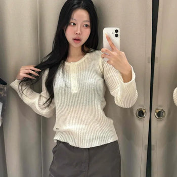 U-Neck Half-Button Vertical Ribbed Slim Fit Knit Long Sleeve T-Shirt