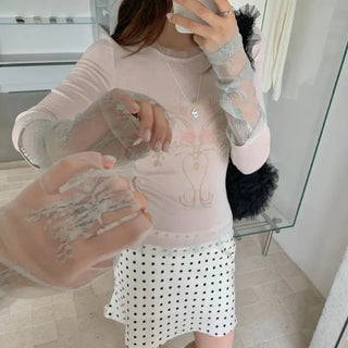 Sugar Lace Layered Print Long Sleeve T-shirt / Layered See-through Long Sleeve T-shirt Spring Y2K Delicate Fit