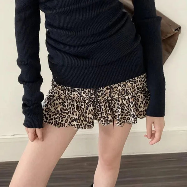 Leopard Shirred Frill Elastic Mini Skirt / Shorts Vintage y2k Tiered Skirt Mini Skirt Skirt
