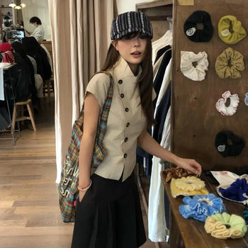 Diagonal Button Mandarin Collar Blouse / Cap Sleeve Blouse Shirt New Summer Arrival Wedding Guest Look Date Look Vintage