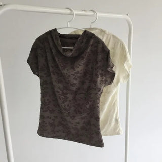 Rose Jacquard Spandex Drape Cap Sleeve T-shirt Crop Short Sleeve Tee Unique New Summer Arrival