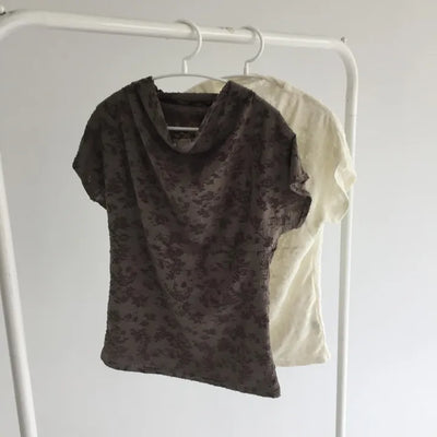 Rose Jacquard Spandex Drape Cap Sleeve T-shirt Crop Short Sleeve Tee Unique New Summer Arrival