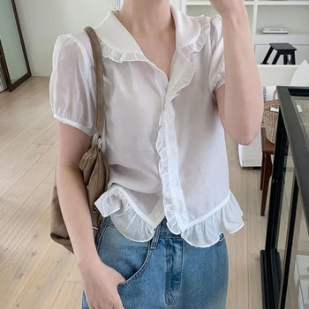 Lapu Frill Collar Short Sleeve Blouse Button Blouse/Frill Neck/Ruffle Blouse/ Puff Short Sleeve
