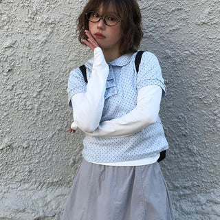 Rounded Shirred Dot Collared Tee