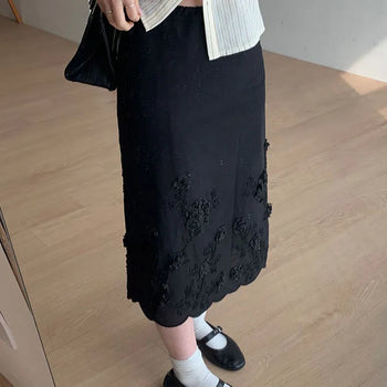 Satter Flower Long Skirt Long Skirt/Elastic Waist Skirt/Floral Skirt/Lace Skirt/Wavy Skirt