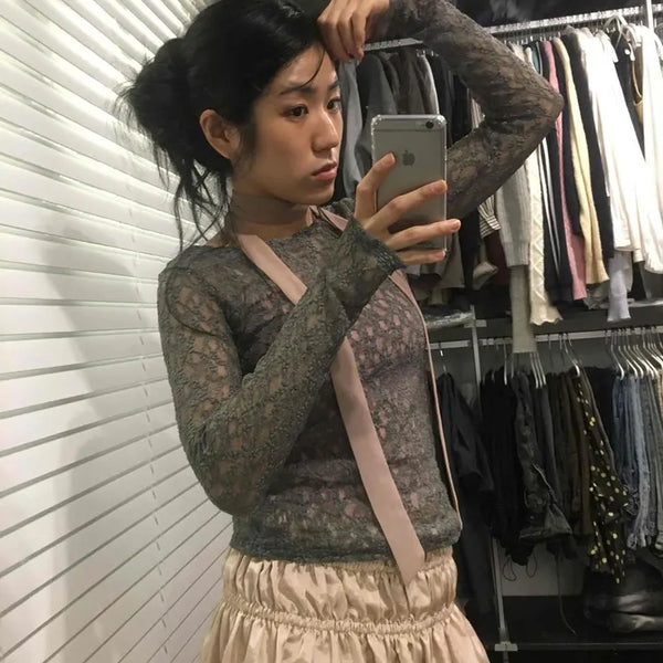 Slim Fit See-through Boat Neck Long Sleeve Short Blouse