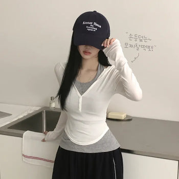 Figure-flattering, Perfectly Mochi Deep V-Neck Button Rolled Hem Slim Delicate Fit Hooded Long Sleeve T-shirt