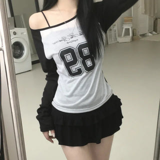 One-off shoulder color-block raglan number lettering delicate slim fit long-sleeve t-shirt