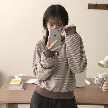 Color Block Stripe Button Avant-garde Loose Fit Hoodie