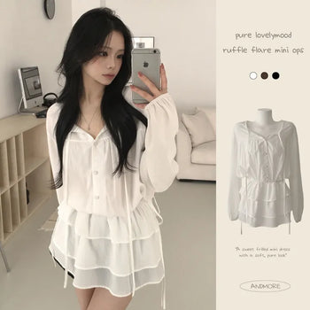 Full of delicate charm, Pure U-neck Strap Button Shirred String Tiered Flare Blouse Mini Dress