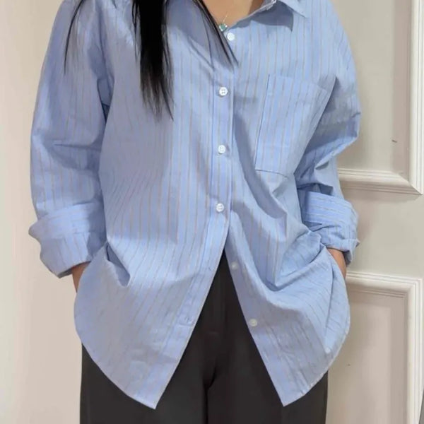 Oversized Long Chest Pocket Vertical Stripe Shirt