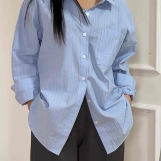 Oversized Long Chest Pocket Vertical Stripe Shirt