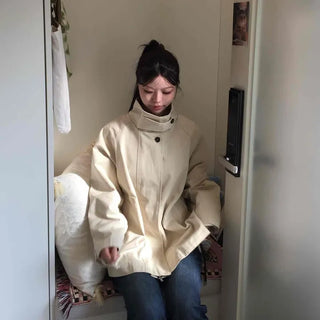 Wide Shoulder Yoke High Neck Zipper Oversized Rider Short Coat