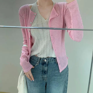 Mozza See-through Cardigan Layering/ Must-have Item/Delicate Fit/See-through Cardigan/Round Cardigan/Ribbed Cardigan