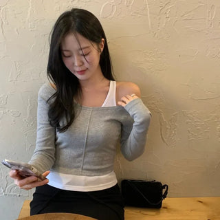 Jayning Two-tone Ribbed Layered Off-shoulder Long Sleeve Tee