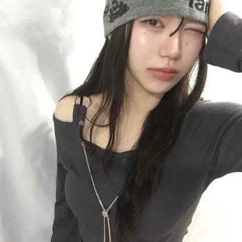 Slim Fit Long Sleeve T-shirt with Crossbody Strap, Chain Hem Eyelet