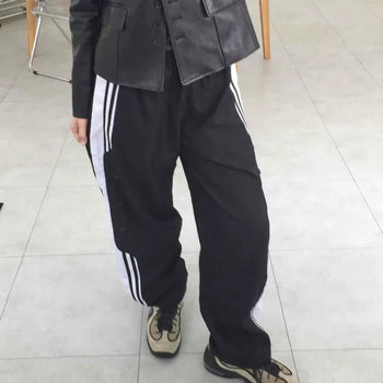 Side Snap Button Stripe Wide Jogger Training Pants