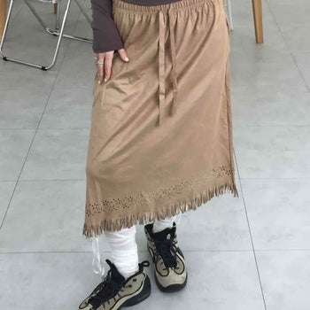 Flower Punched Fringe String A-Line Midi Skirt