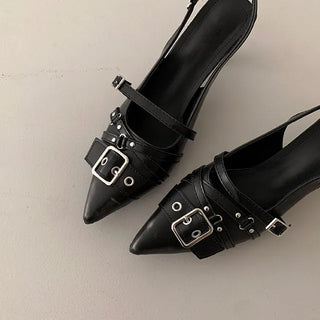 ◈7cm◈Buckle Slingback Heels Mary Janes Stilettos Pointed Toe Strap Mary Janes Sandals Spring Summer Shoes Dress Shoes