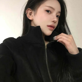 Loose Fit High Neck Short Bomber Jacket with Stitch Line Zipper Flap Pockets