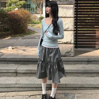 모린 러플 밴딩 미디 나일론 스커트