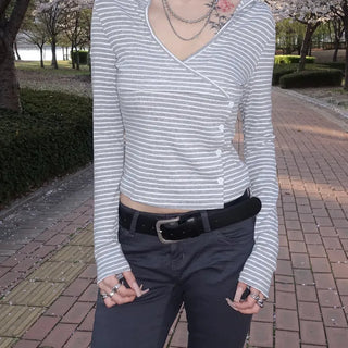 WRAP striped collared long-sleeve t-shirt