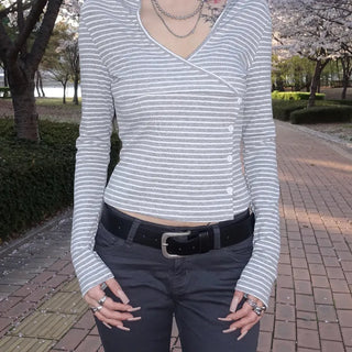 WRAP striped collared long-sleeve t-shirt