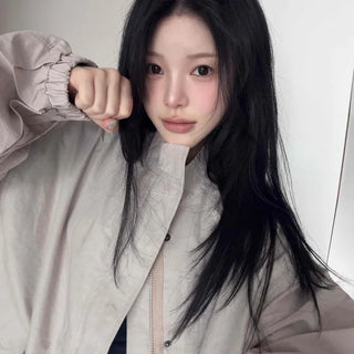 Loose-fit High-neck Zipper Flap Pocket Elastic Sleeves Field Jumper