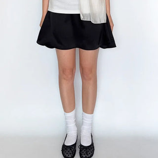 Black satin mini skirt  Feminine springsummer skirt, elastic waistband A-line flare skirt for petite women