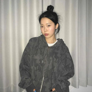 Dark Tone Camo Loose Fit Zip-Up Hoodie