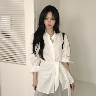 Feminine Mood, Delicate Loose Fit Side Tie Wrap Blouse Long Sleeve Shirt