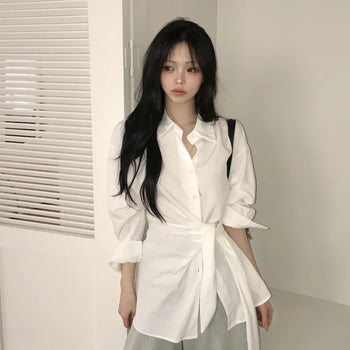 Feminine Mood, Delicate Loose Fit Side Tie Wrap Blouse Long Sleeve Shirt