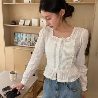 Square Neck Back-Detail Lace Blouse