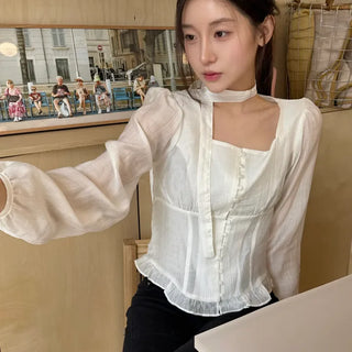 Scarf Set Frill Square Neck Blouse