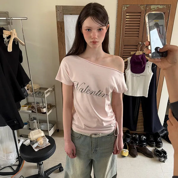 Lena Off-shoulder Shirred Short Sleeve T-shirt