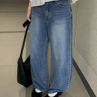 Aqua Curved Denim Pants, Medium Blue Wide Pants, Balloon Pants, Lower Body Correction, Daily Look, Spring, Spring Pants