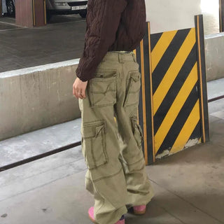 Double Line Big Pocket Workwear Straight Cargo Pants