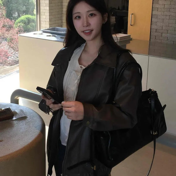 Shirt Collar Snap Button Short Leather Blouson Jacket