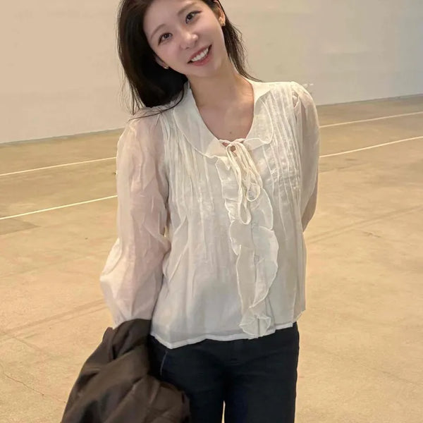 Peter Pan Collar Frill Shirred Sleeve Blouse