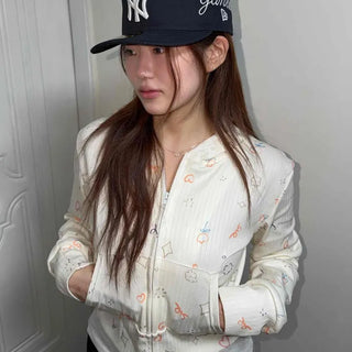 Lovely Heart Star Ribbon Print Zip-Up Hoodie