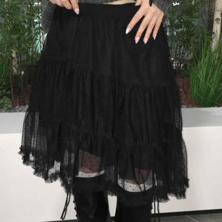 Asymmetrical Polka Dot Mesh Tulle Frill Midi Skirt