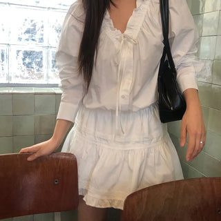 French Women's Spring/Summer Ruffle String Deep V Loose Fit Oversized Blouse
