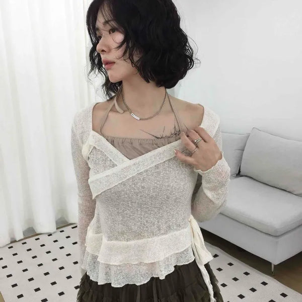Slim Fit See-through Ribbon Tie Frill Off-Shoulder Knit Blouse