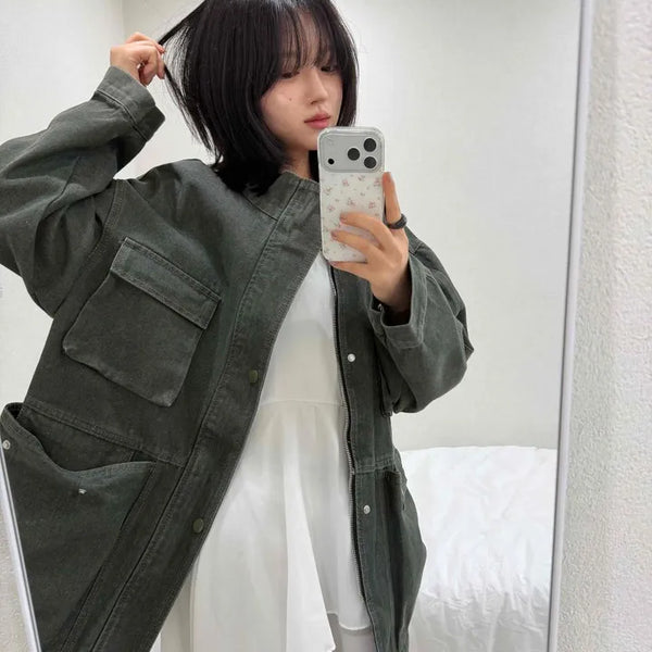 Washed Cargo Pocket Flap Pocket Plain Oversized Short Jacket