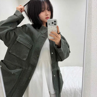Washed Cargo Pocket Flap Pocket Plain Oversized Short Jacket