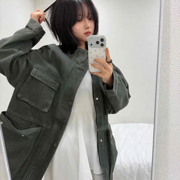 Washed Cargo Pocket Flap Pocket Plain Oversized Short Jacket