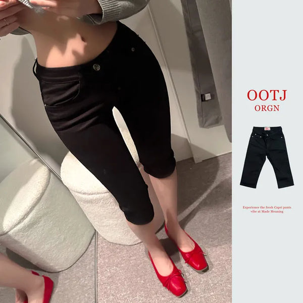 [OOTJ/Quality Guaranteed🖤] Kami Black Raw Capri Pants - S/M/L [Capri Pants/Spring Bottoms/3/4/5/Stretch Pants/Cotton Pants/Mori Girl]