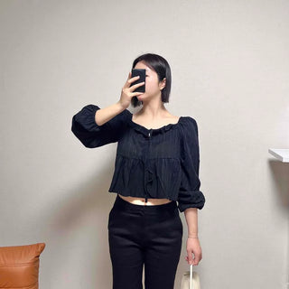 Shirred Frill Tiered Square Neck Short Blouse
