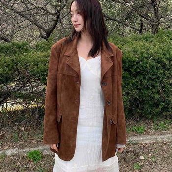 Oversized Flap Pocket Single Button Suede Midi Jacket